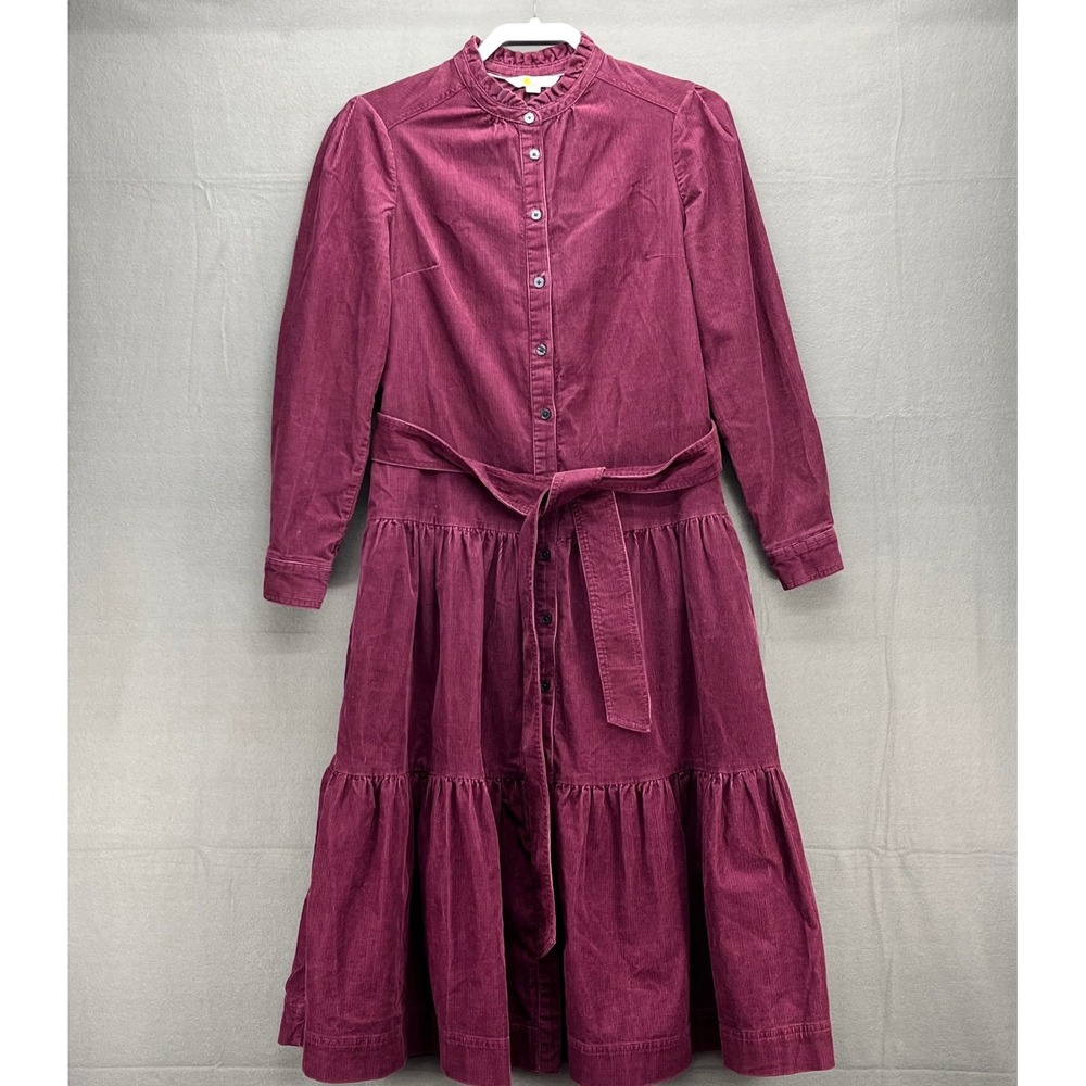 Boden Burgundy Corduroy Tiered Midi Shirt Dress Ruffle Neck 8P D0022